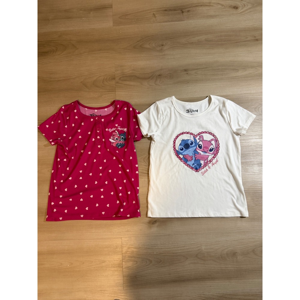 Disney Stitch T-Shirt 2-Pack Pink‎ White 10 Girls Ribbed Heart  Short Sleeve